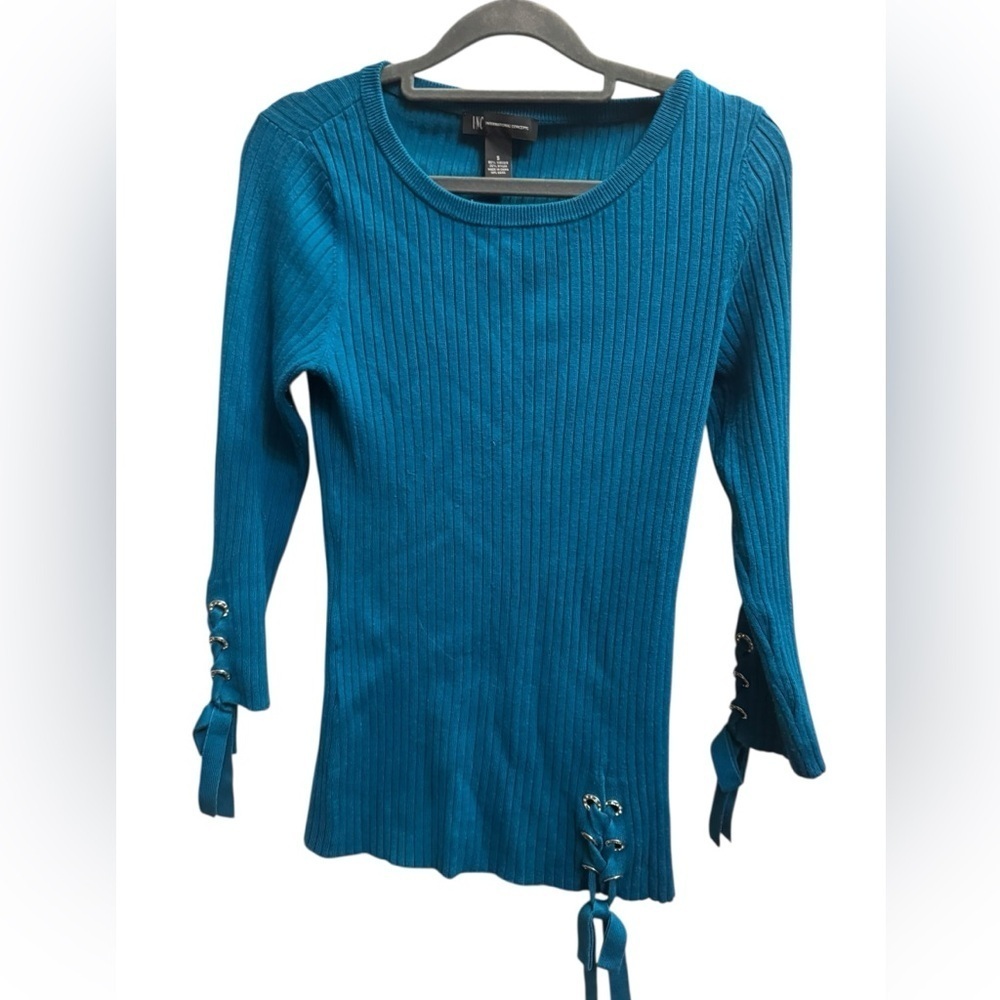 INC Ribbon Detail Sweater Size Small Teal Ribbed Jumper Cottagecore Capsule